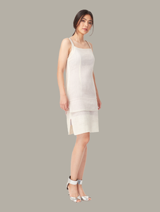 Front view of of ERICA 3-tier cocktail dress in ivory, available from British sustainable fashion brand DEPLOY