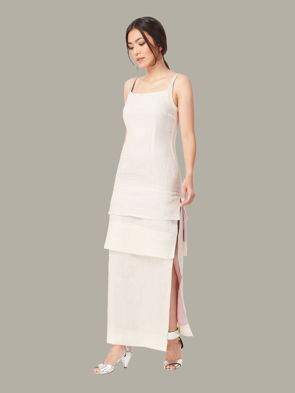Front view of ERICA 3-tier cocktail dress in ivory, available from British sustainable fashion brand DEPLOY