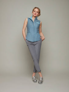 Front view of RIDER dusk blue wool vest, available from British sustainable fashion brand DEPLOY