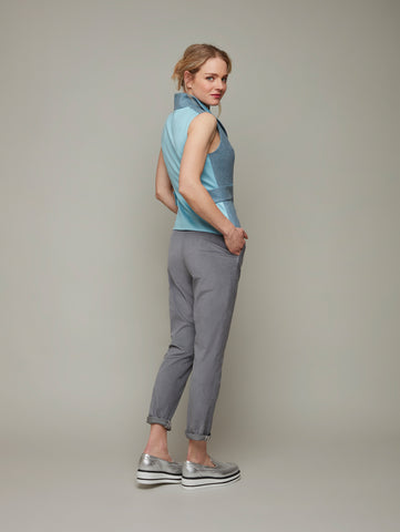 Back view of RIDER dusk blue wool vest, available from British sustainable fashion brand DEPLOY