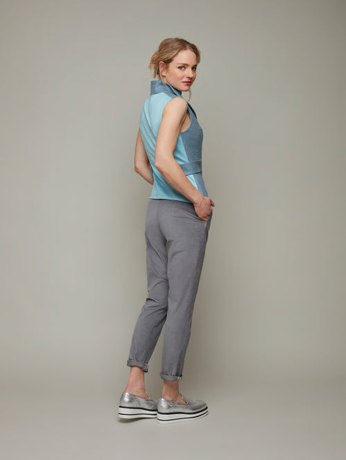 Front view of RIDER dusk blue wool vest, available from British sustainable fashion brand DEPLOY