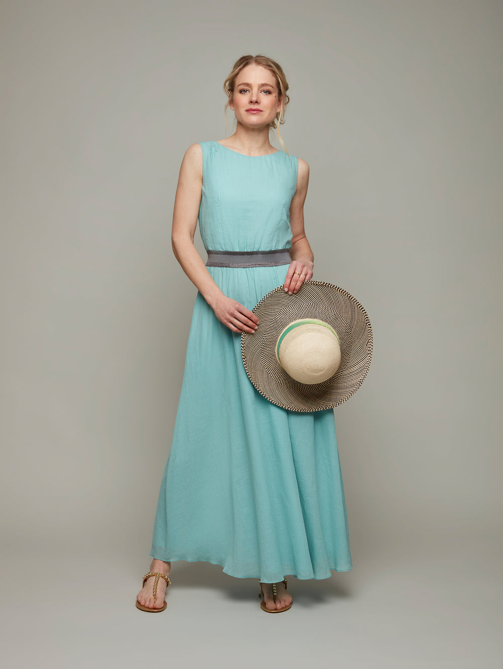 Front view of HELLEBORE easy maxi dress in opal green, available from British sustainable fashion brand DEPLOY