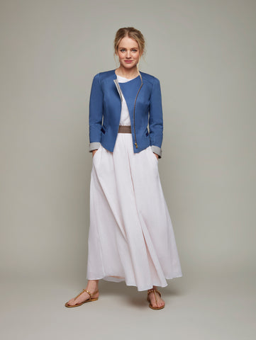 Front view of HELLEBORE easy maxi dress in white with jacket, available from British sustainable fashion brand DEPLOY