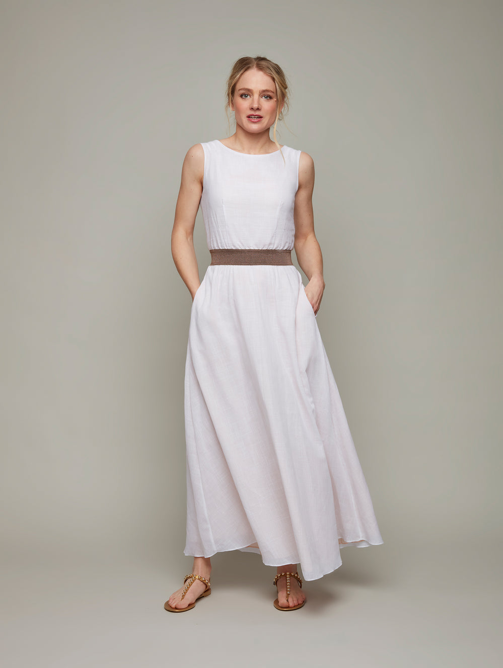 Front view of HELLEBORE easy maxi dress in white, available from British sustainable fashion brand DEPLOY