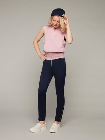 Front view of SWIFT 2-way Punto Jersey Sleeveless Sweatshirt in Peony Pink with trousers, available from British sustainable fashion brand DEPLOY