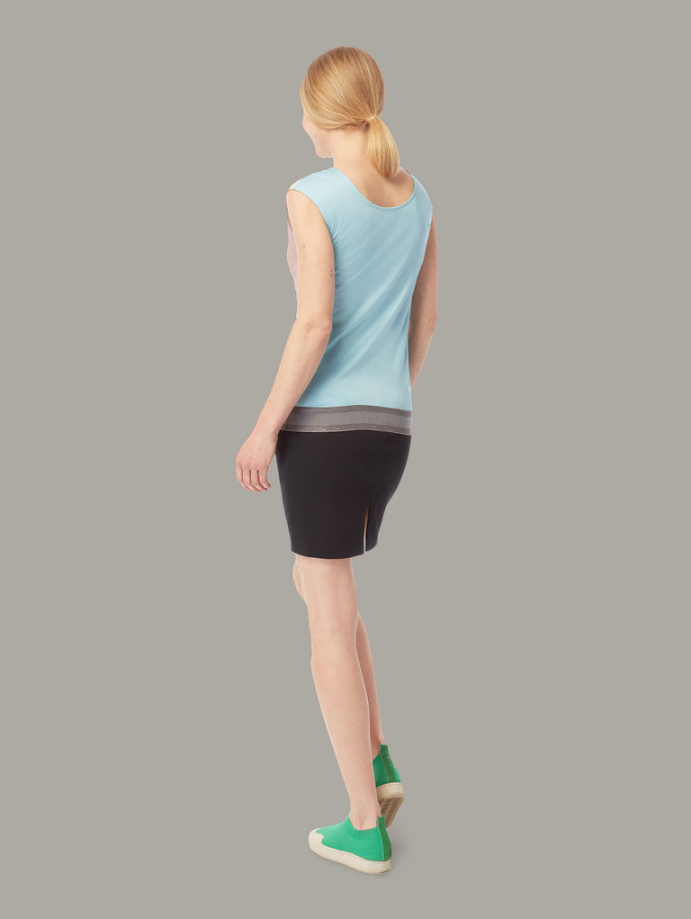 Back view of LAELIA scoop neck reversible top in lotus-aqua, available from British sustainable fashion brand DEPLOY