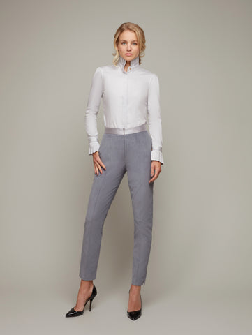 Front view of PILASTER tapered suiting trousers in Frost grey with heels, available from British sustainable fashion brand DEPLOY