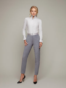 Front view of CORINTHIAN fan-collar shirt in Sandstone light grey with heels, available from British sustainable fashion brand DEPLOY