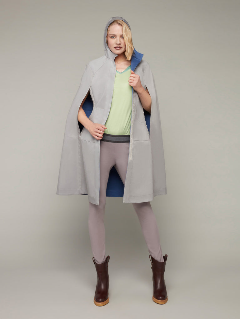 Front view of STORM Reversible hooded cape in Marine-Cement, available from British sustainable fashion brand DEPLOY