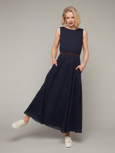 Front view of HELLEBORE easy maxi dress in Peacoat navy, available from British sustainable fashion brand DEPLOY