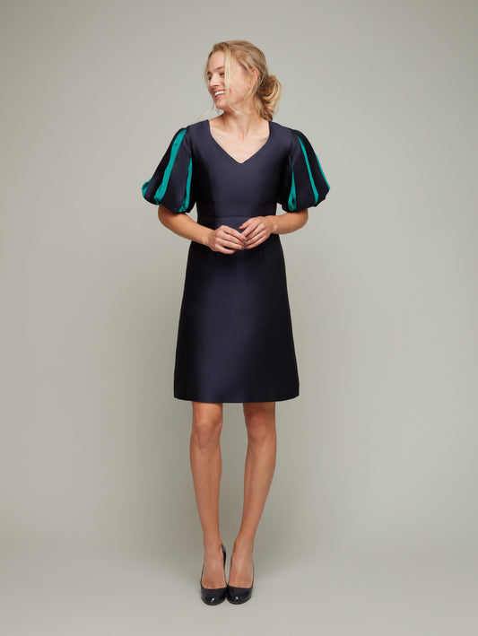 Front view of SHITAKE A-line cocktail dress in Navy, available from British sustainable fashion brand DEPLOY