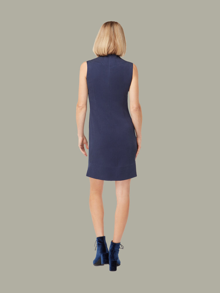 Back view of Sleeveless Silk Shift dress in Twilight Blue, available from British sustainable fashion brand DEPLOY