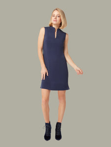 Front view of Sleeveless Silk Shift dress in Twilight Blue, available from British sustainable fashion brand DEPLOY