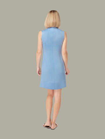 Back view of Sleeveless silk shift dress in Bluebell, available from British sustainable fashion brand DEPLOY 