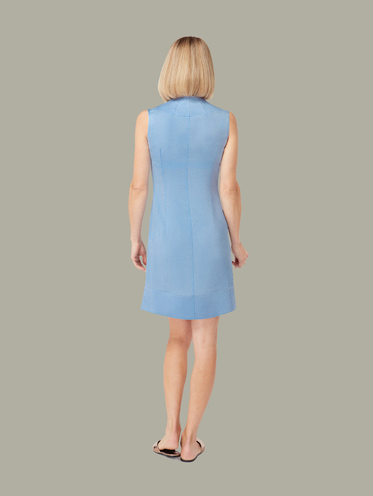 Back view of Sleeveless silk shift dress in Bluebell, available from British sustainable fashion brand DEPLOY 
