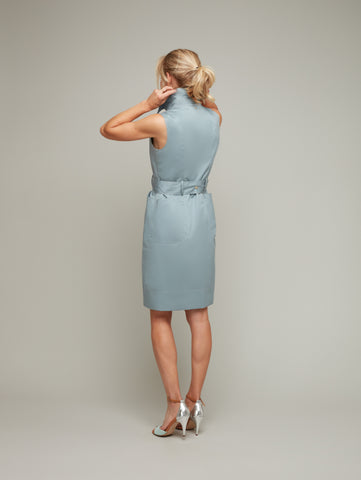 Back view of SEASON sleeveless dress in fog blue, available from British sustainable fashion brand DEPLOY