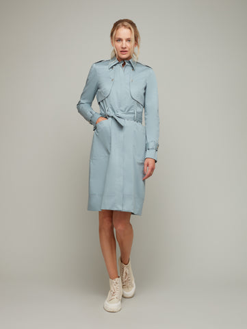 Front view of SEASON multi-way trench coat in fog blue, available from British sustainable fashion brand DEPLOY