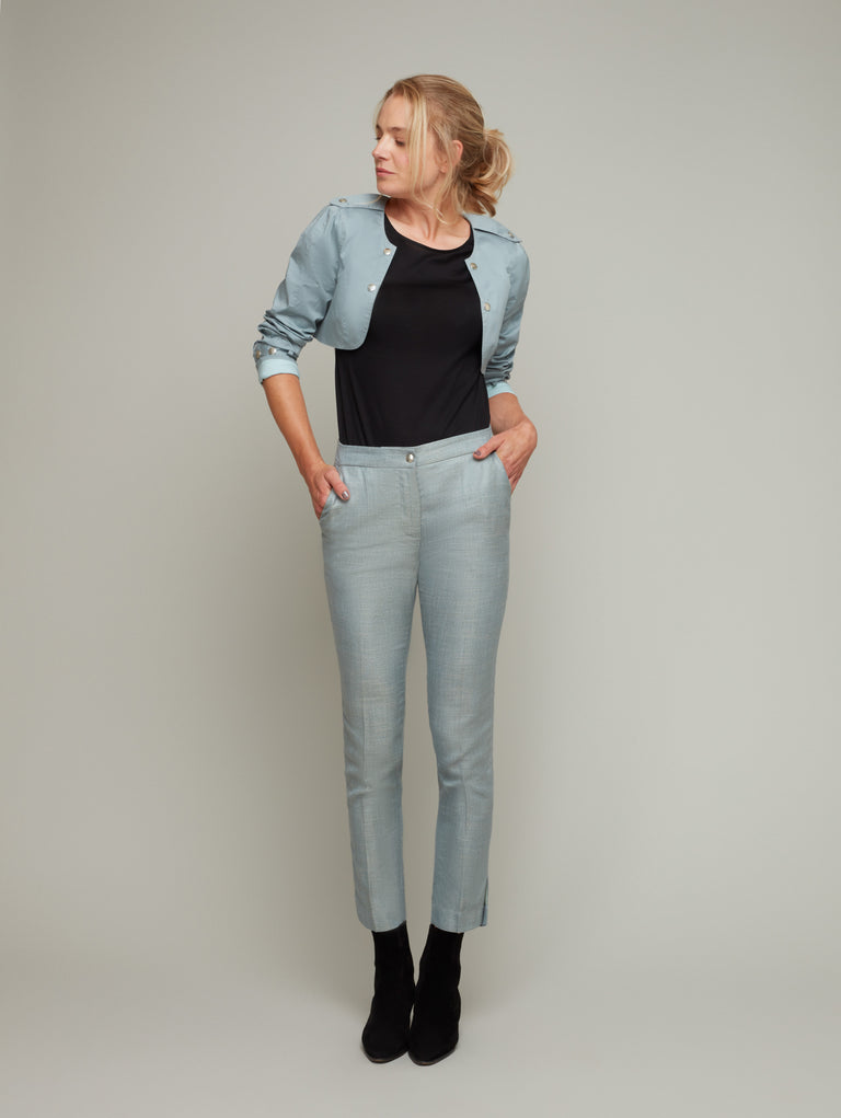 Front view of SEASON bolero in fog blue, available from British sustainable fashion brand DEPLOY