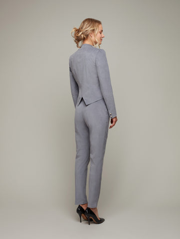 Back view of ASTEREAE wrap front jacket in frost grey , available from British sustainable fashion brand DEPLOY