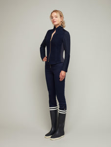 Front view of MORAINE tailored zip cardigan in peacoat navy, available from British sustainable fashion brand DEPLOY