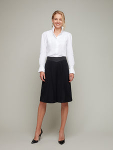 Front view of FORMERET Pin-Tuck Culottes in Black, available from British sustainable fashion brand DEPLOY