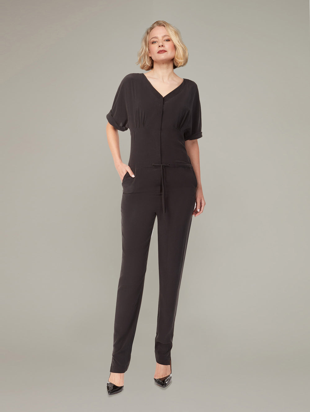 Front view of ACER draw-string silk jumpsuit in Black, available from British sustainable fashion brand DEPLOY
