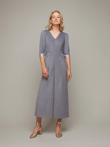  Front view of COLONNADE tailored 3/4 sleeve jumpsuit in Frost Grey with heels, available from British sustainable fashion brand DEPLOY