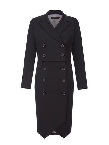 Ecommerce shoot of of ABACUS multiway suiting coat-dress in black, available from British sustainable fashion brand DEPLOY