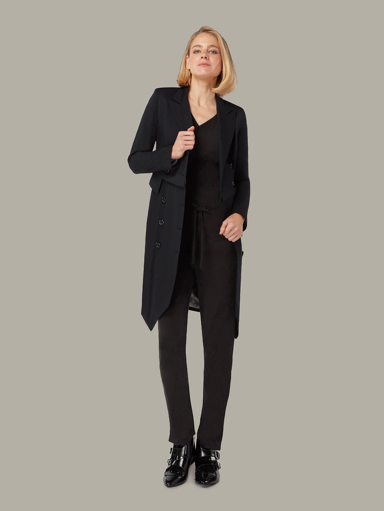Front view of ABACUS multiway suiting coat-dress in black, available from British sustainable fashion brand DEPLOY