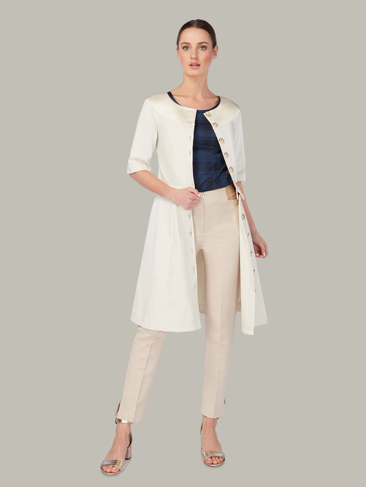 Front view of LINDEN 4-way dress coat in Birch, available from British sustainable fashion brand DEPLOY