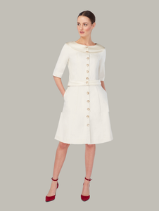 Front view of LINDEN 4-way dress coat in Birch, available from British sustainable fashion brand DEPLOY  