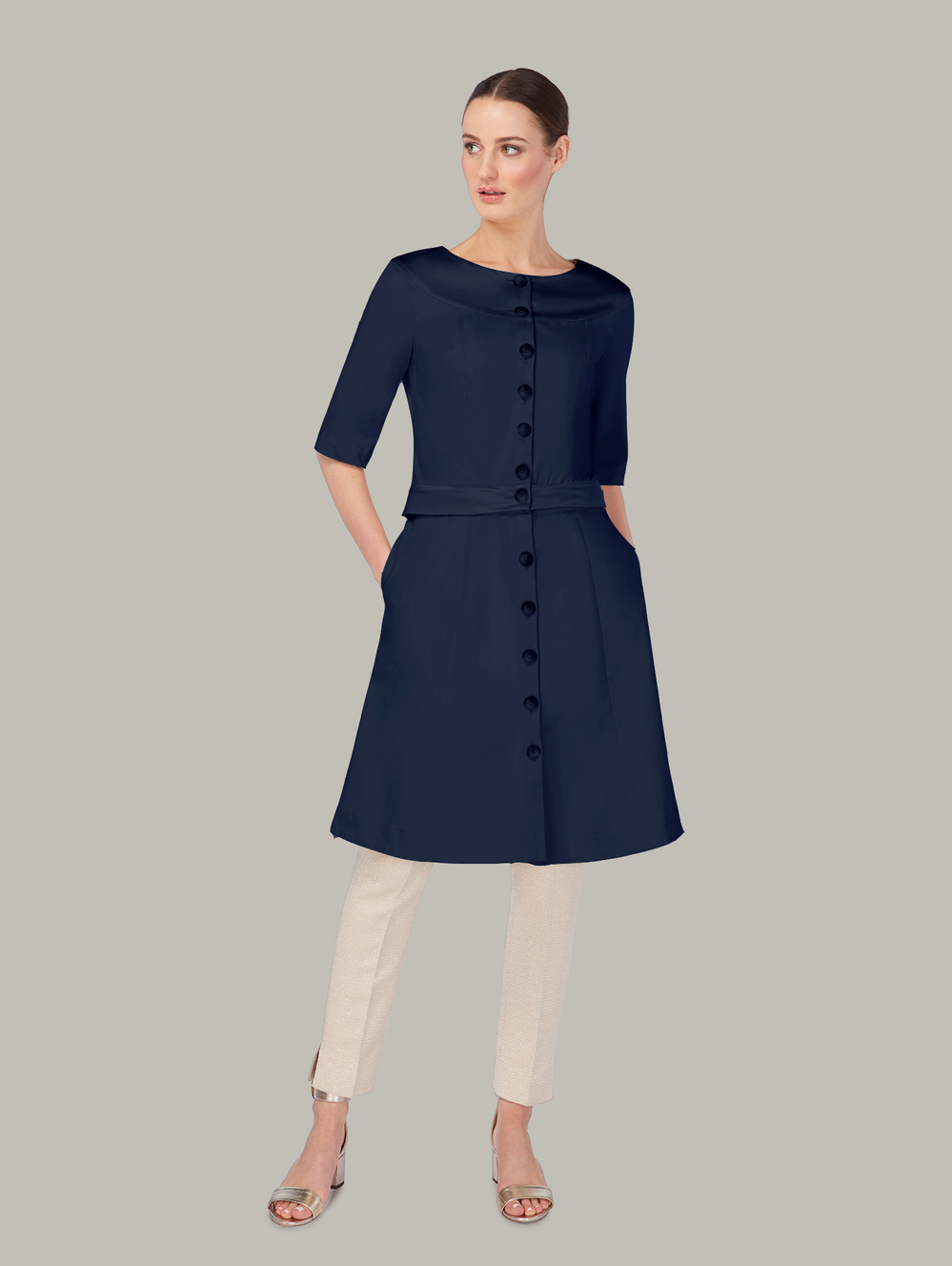 Front view of LINDEN 4-way coat-dress in Peacoat, available from British sustainable fashion brand DEPLOY