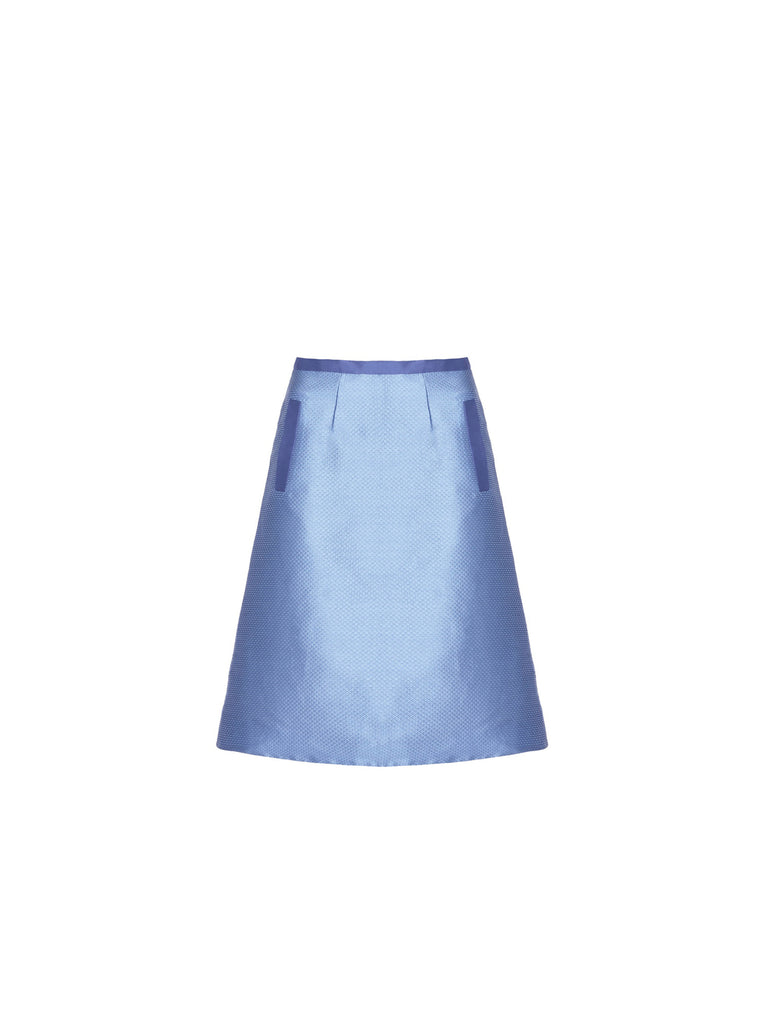 Ecommerce shoot of high-waist a-line skirt in Persian blue, available from British sustainable fashion brand DEPLOY