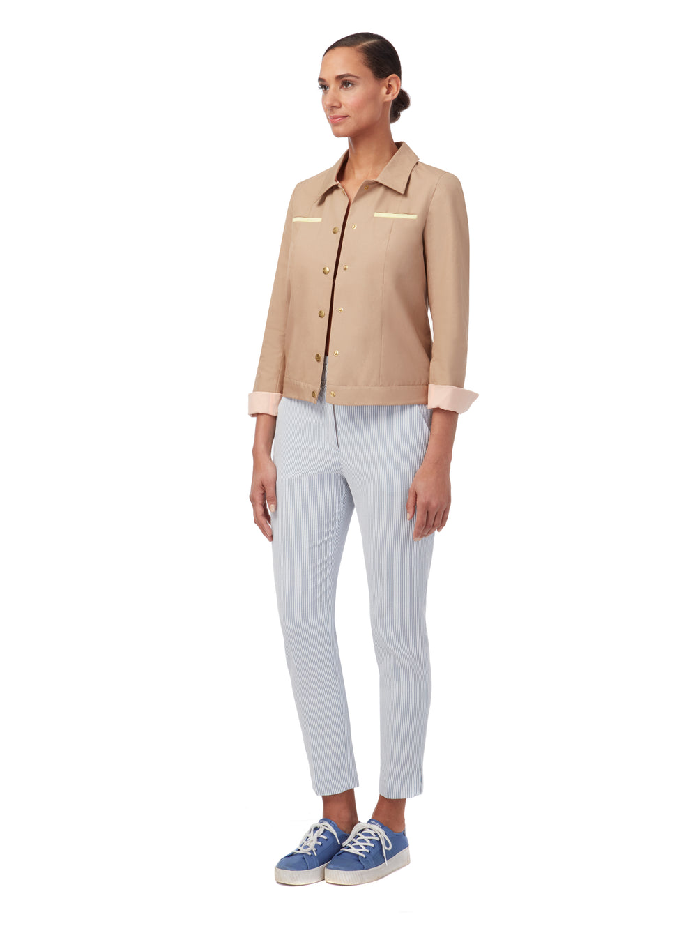 Side view of JANINE 3-way Mac in Beige, available from British sustainable fashion brand DEPLOY