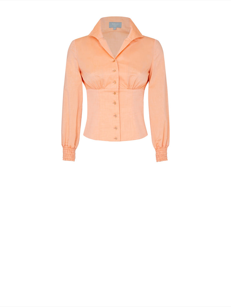 Ruched Fitted High Collar Shirt in Tangerine