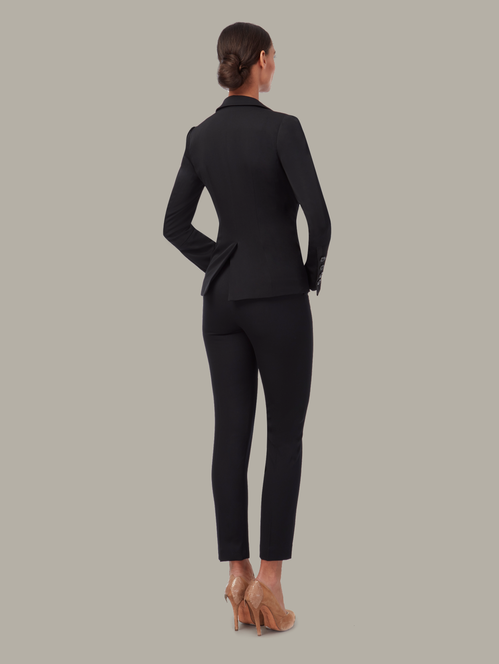 DEPLOY womenswear fitted black suiting tux jacket front view
